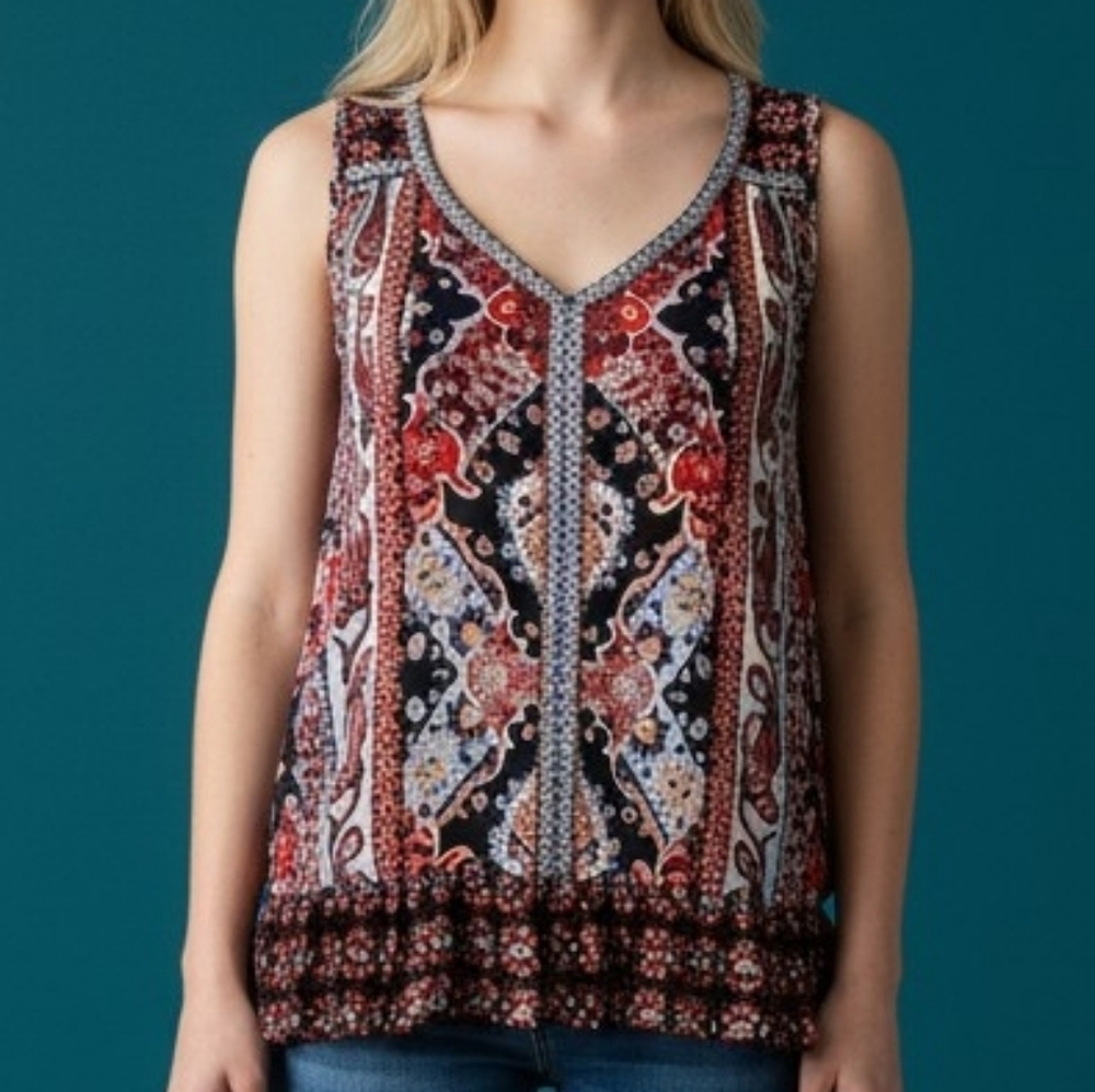 BILA Ethnic Oversized Broomstick Sleeveless Ruffle V-neck Boho Blouse